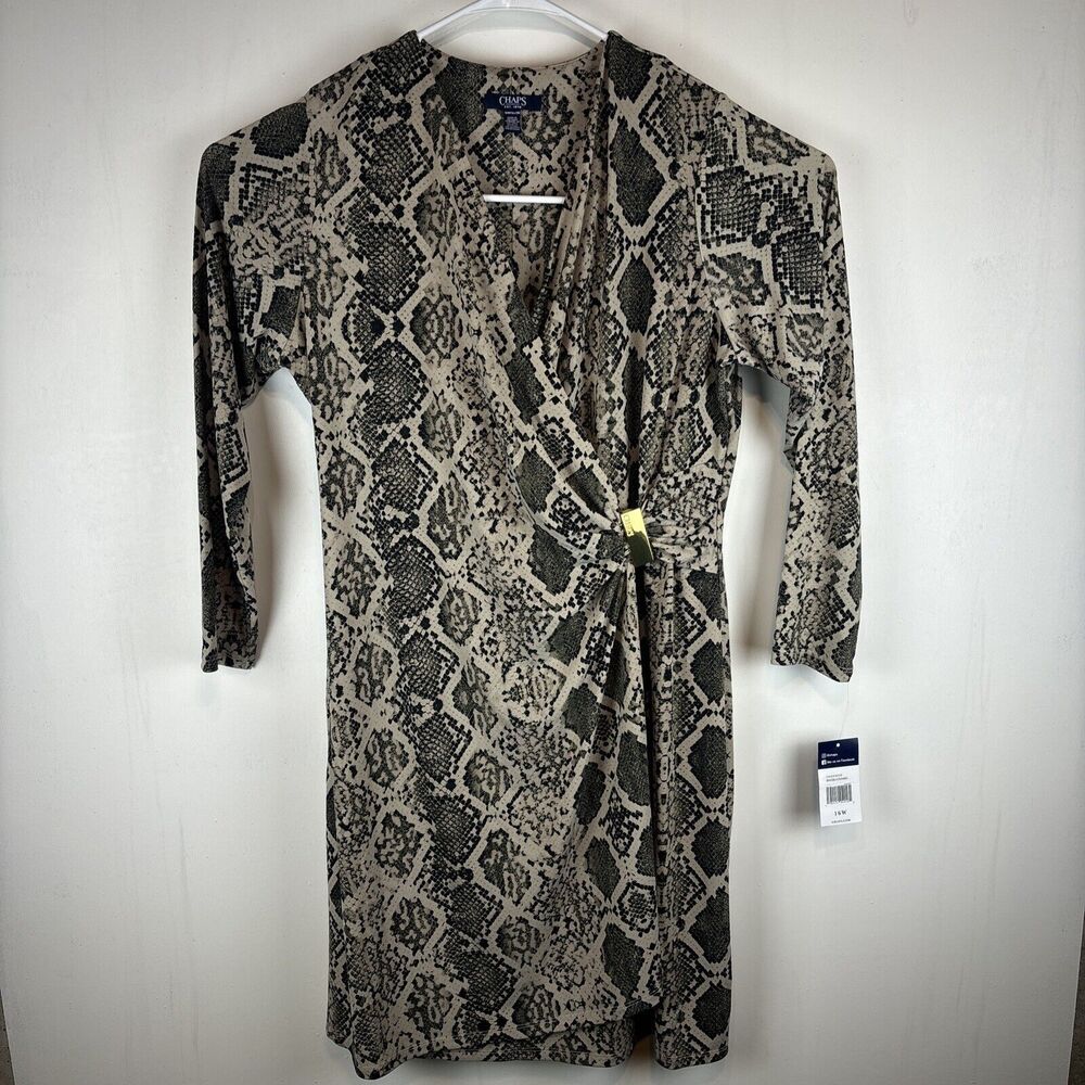 Chaps Faux Wrap Dress Womens 16W Khaki Black NEW Snakeskin Print Gold Hardware